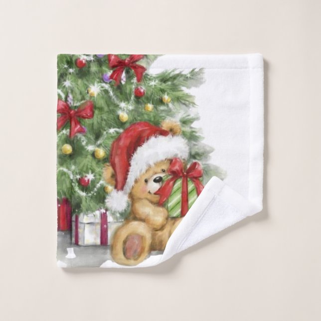 Christmas Bear with Present and Tree Decoration Wash Cloth (Wash Cloth)