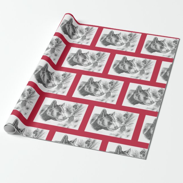 Christmas-Bear-with-red-border Wrapping Paper (Unrolled)