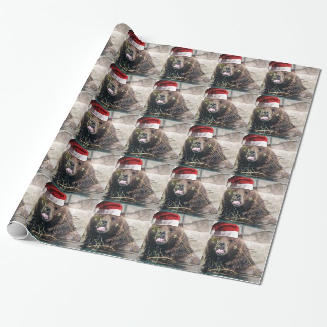 Christmas Bear With Santa Hat Wrapping Paper (Unrolled)