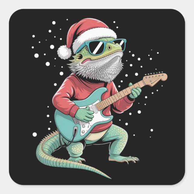 Christmas Bearded Dragon Playing Guitar Musician  Square Sticker (Front)