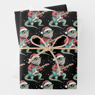 Christmas Bearded Dragon Playing Guitar Musician  Wrapping Paper Sheet