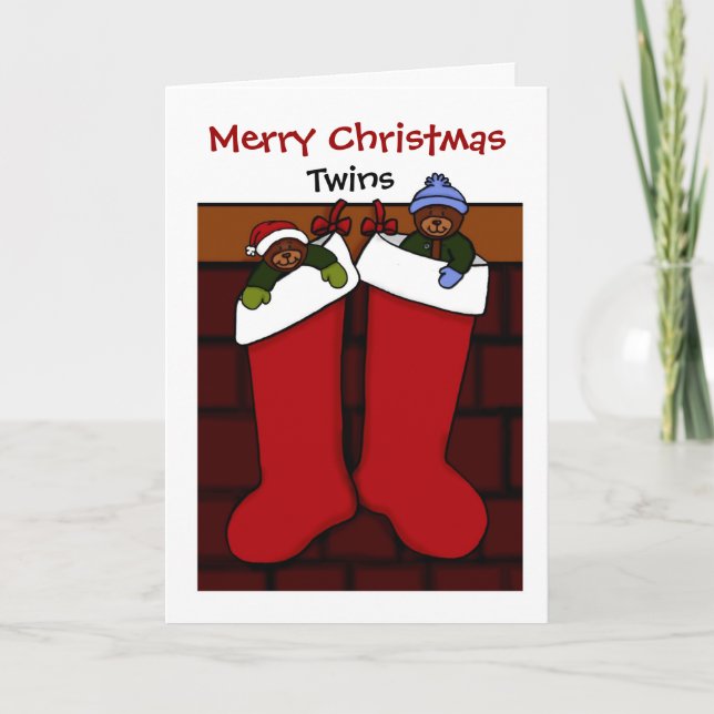 Christmas bears in stockings twins holiday card (Front)