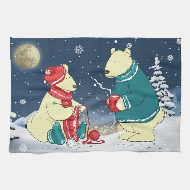 Christmas Bears Winter Snow Holiday Scene Tea Towel (Horizontal)