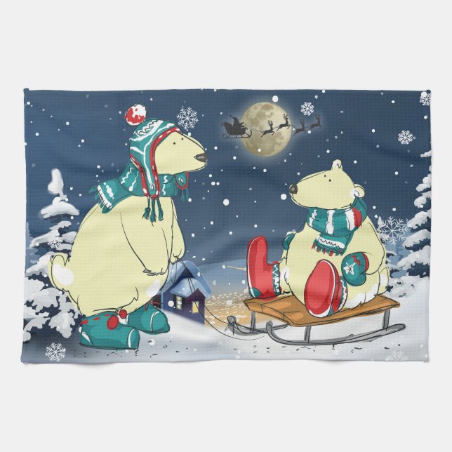 Christmas Bears Winter Snow Holiday Scene Tea Towel (Horizontal)
