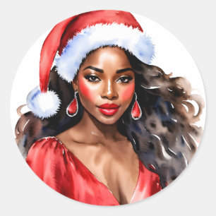 Christmas Beautiful Black Woman Santa Hat Classic Round Sticker