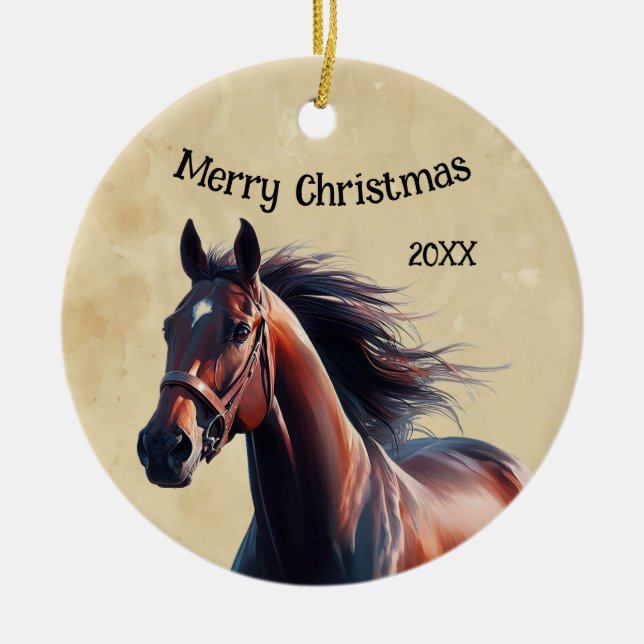 Christmas Beautiful Brown Horse  Ceramic Tree Decoration (Front)