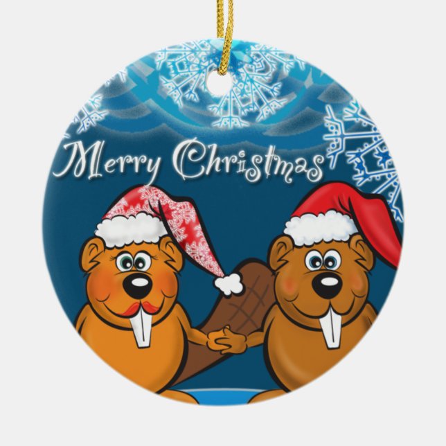 christmas beavers ceramic tree decoration (Front)
