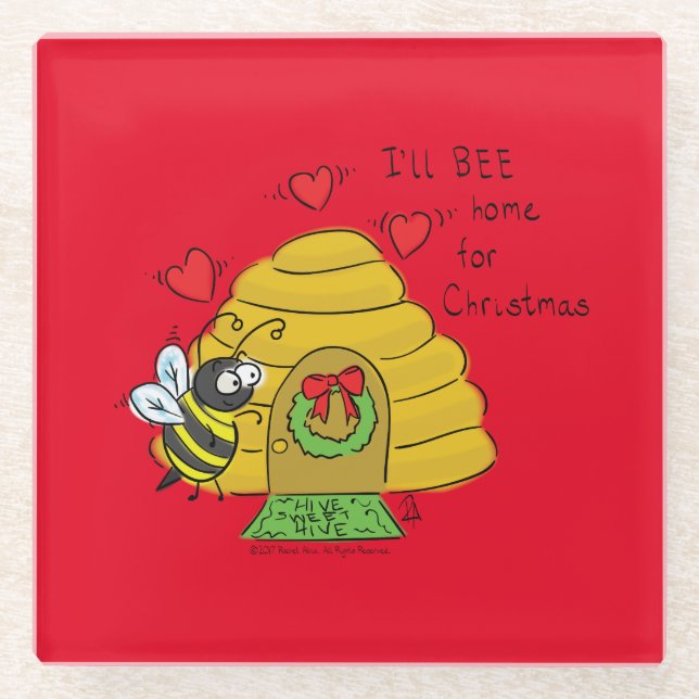 Christmas Bee Funny Holiday Cartoon Glass Coaster (Front)