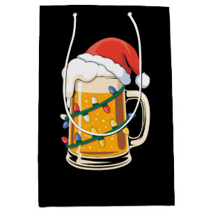 Christmas Beer Mug Santa Hat Lights Holiday Xmas Medium Gift Bag