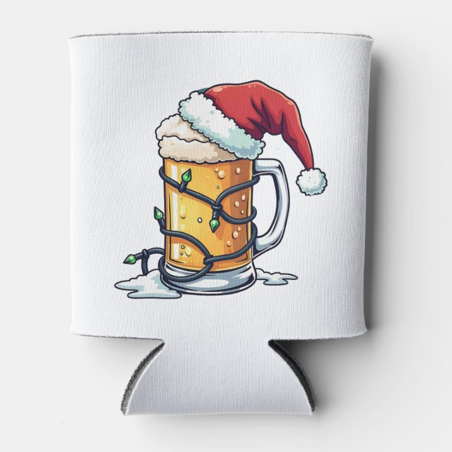 Christmas Beer Wrapped With Xmas Lights  Can Cooler (Front)