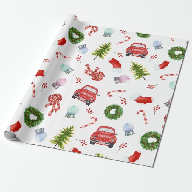 Christmas Beetle Car | Holiday Pattern Wrapping Paper (Unrolled)