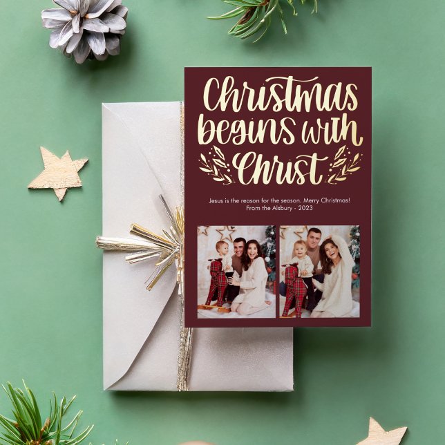 Christmas Begin With Christ Photo Foil Foil Holiday Card (Creator Uploaded)