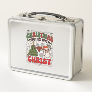 Christmas Begins Christ Santa Claus Tree Snowflake Metal Lunch Box