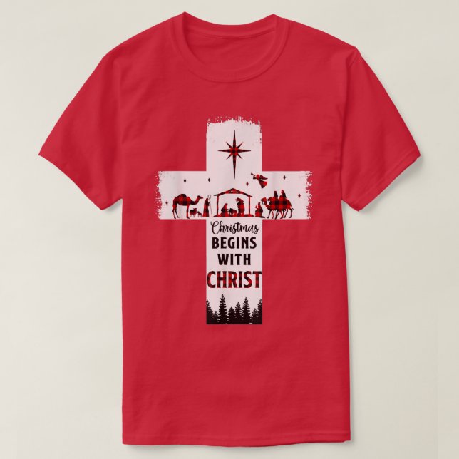 Christmas Begins With Christ Christian Cross Happy T-Shirt (Design Front)