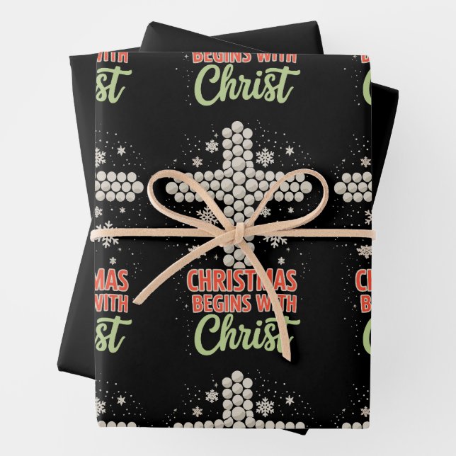 Christmas Begins With Christ Christian Snow Xmas Wrapping Paper Sheet (In situ)