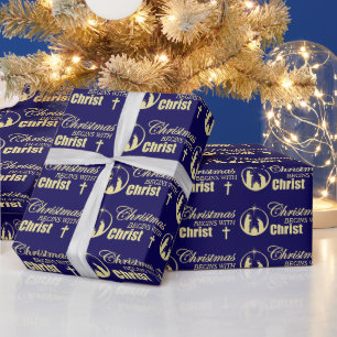 Christmas Begins with Christ on Blue Wrapping Paper