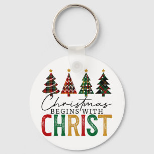 Christmas Begins With Christ Red And Green Plaid P Key Ring