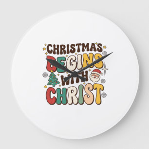 Christmas Begins With Christ Santa Tree Design Large Clock