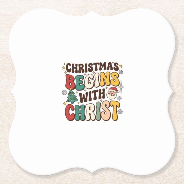 Christmas Begins With Christ Santa Tree Design Paper Coaster (Front)