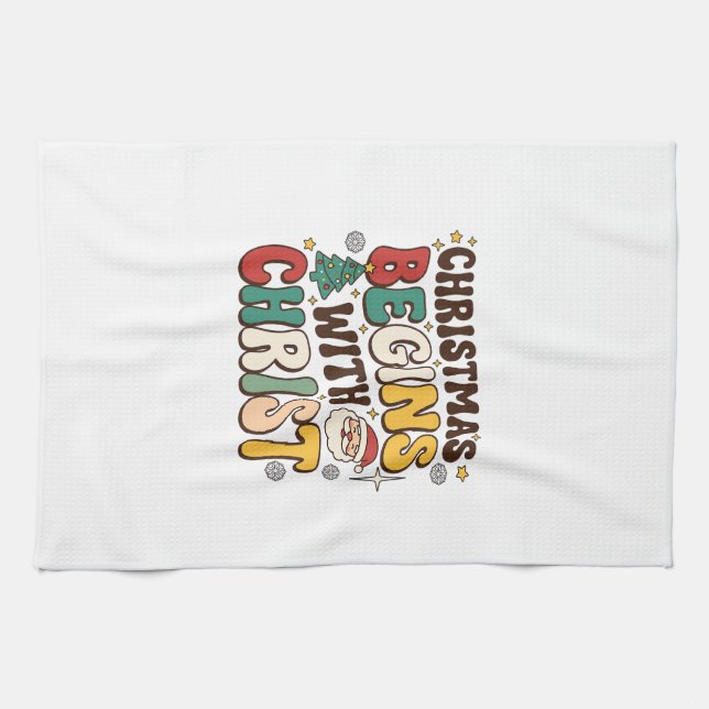 Christmas Begins With Christ Santa Tree Design Tea Towel (Horizontal)