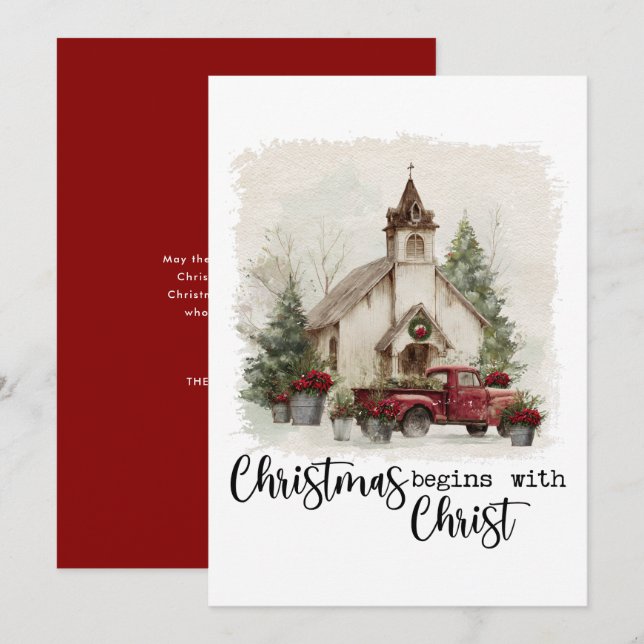Christmas Begins With Christ Watercolor Red Truck Holiday Card (Front/Back)