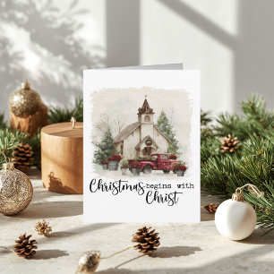 Christmas Begins With Christ Watercolor Red Truck Holiday Card
