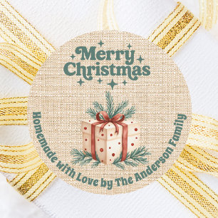 Christmas beige burlap gift box homemade classic round sticker