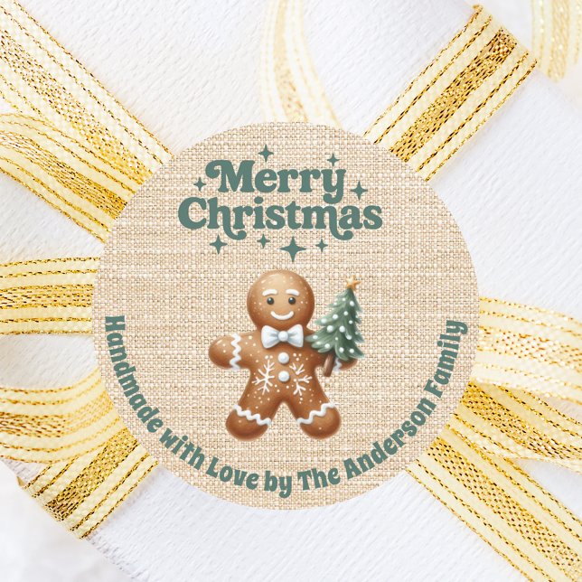 Christmas beige burlap gingerbread man handmade classic round sticker (Creator Uploaded)
