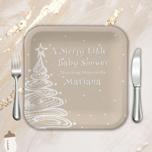 Christmas Beige Gender Neutral Baby Shower Paper Plate