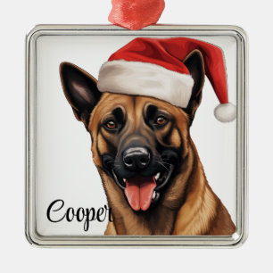 CHRISTMAS BELGIAN MALINOIS DOG WITH SANTA HAT METAL TREE DECORATION