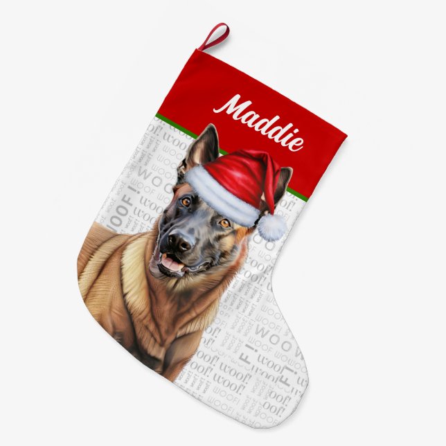 Christmas Belgian Malinois with Dog's Name Large Christmas Stocking (Front (Hanging))