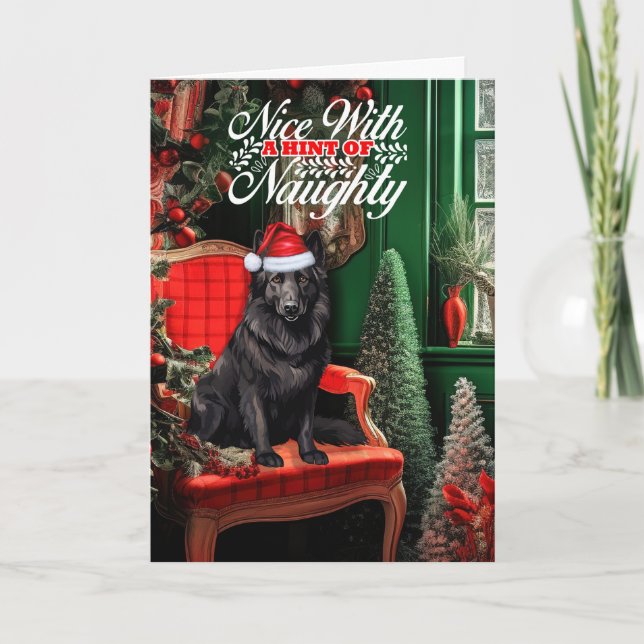 Christmas Belgian Sheepdog Naughty or Nice Holiday Card (Front)