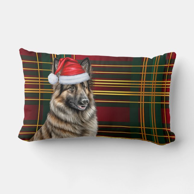 Christmas Belgian Tervuren Dog Holiday Plaid Lumbar Cushion (Back)