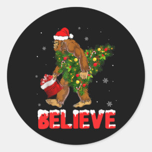 Christmas Believe Bigfoot Funny Xmas Tree For Mens Classic Round Sticker
