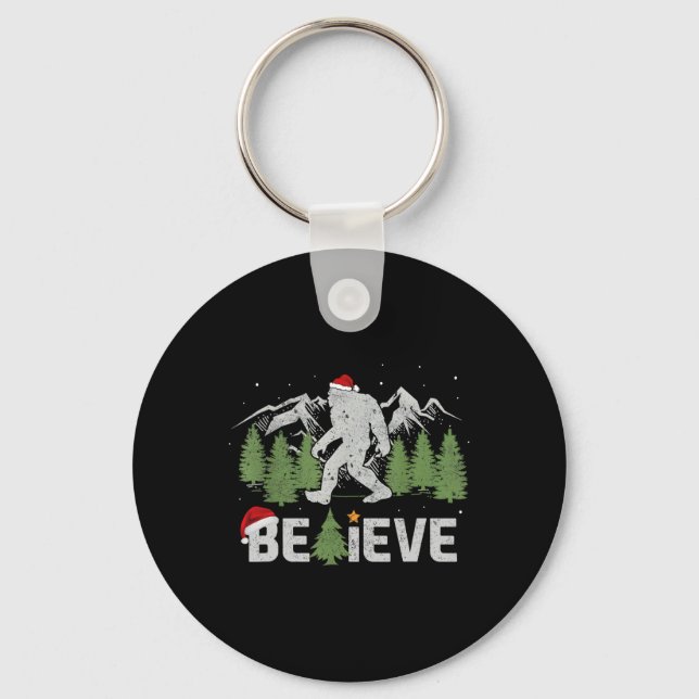 Christmas Believe Bigfoot Funny Xmas Tree For Mens Key Ring (Front)