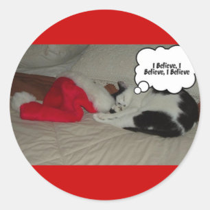 Christmas Believe Black and White Kitten Classic Round Sticker