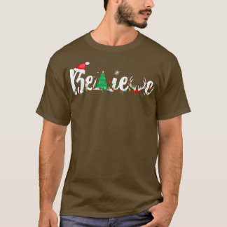 Christmas Believe Boys Girls Santa Hat Xmas Tree  T-Shirt