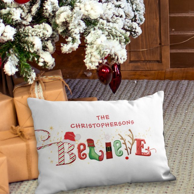 Christmas BELIEVE Family Name Nostalgic Icons Lumbar Cushion (Creator Uploaded)
