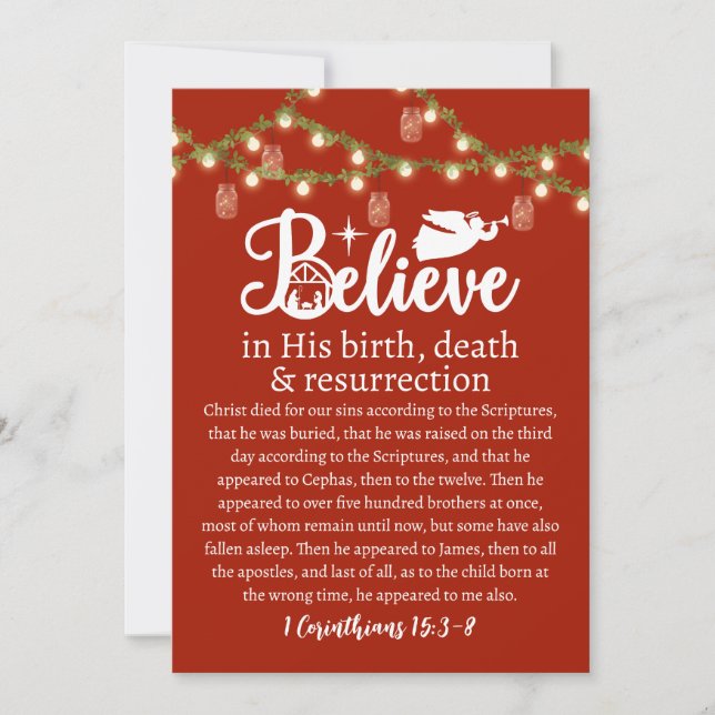 Christmas Believe Jesus Nativity Red Mason Lights  Holiday Card (Front)