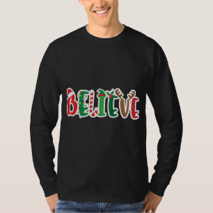 Christmas Believe Lights Santa Hat Candy Cane Elf T-Shirt