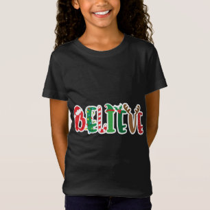 Christmas Believe Lights Santa Hat Candy Cane Elf  T-Shirt