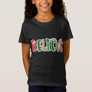 Christmas Believe Lights Santa Hat Candy Cane Elf T-Shirt