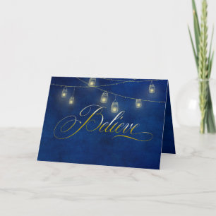 Christmas believe on blue with jar lights card