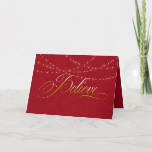 Christmas believe on red with gold light string card