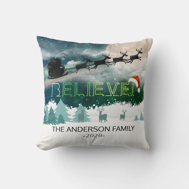 Christmas BELIEVE Reindeer Sleigh Santa Hat Photo Cushion (Front)
