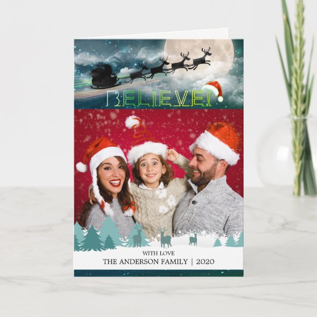 Christmas BELIEVE Reindeer Sleigh Santa Hat Photo Holiday Card (Front)