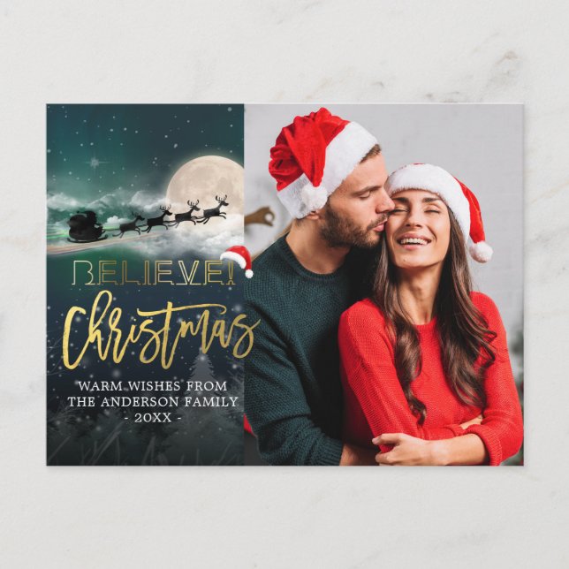 Christmas BELIEVE Reindeer Sleigh Santa Hat Photo Holiday Postcard (Front)