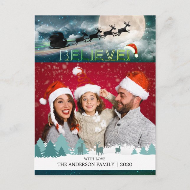 Christmas BELIEVE Reindeer Sleigh Santa Hat Photo Holiday Postcard (Front)