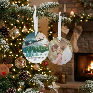 Christmas BELIEVE Reindeer Sleigh Santa Hat Photo Ornament