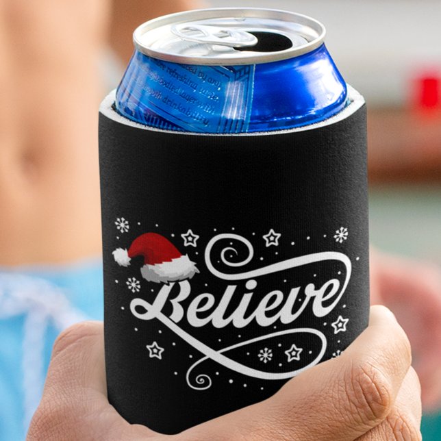 Christmas Believe Santa Claus - Santa Hat Black Can Cooler (Creator Uploaded)